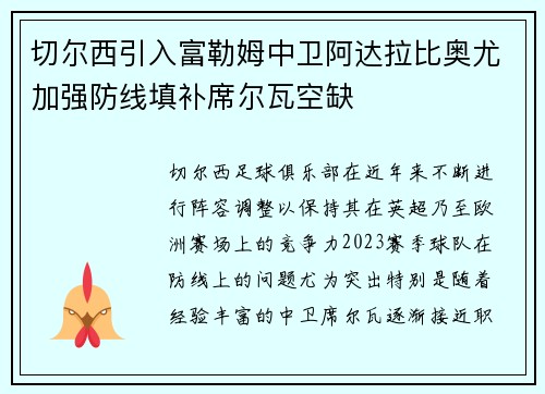 切尔西引入富勒姆中卫阿达拉比奥尤加强防线填补席尔瓦空缺